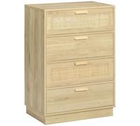 HOMCOM Commode 4 tiroirs Style Bohème 60 x 38 x 88,5 cm Bois Naturel | Commode Chambre, Meuble de Rangement, Cadre en Bois, Chiffonnier en Rotin, pour Chambre à Coucher, Salon, Entrée