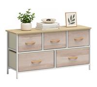HOMCOM Commode 5 tiroirs en tissu Commode pour chambre Cadre en métal Meuble pour salon bureau Naturel et Blanc