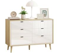 HOMCOM Commode 6 Tiroirs Haute Brillance 110 x 40 x 75 cm Blanc Chêne | Meuble de Rangement, 5 Pieds en Bois, Style Moderne, pour Chambre à Coucher, Salon, Couloir