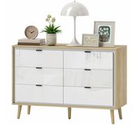 HOMCOM Commode 6 tiroirs, meuble de rangement à haute brillance, 5 pieds en bois, 110 x 40 x 75 cm, blanc et chêne