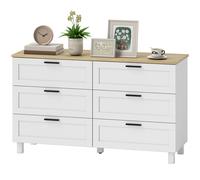 HOMCOM Commode 6 tiroirs, meuble de rangement avec pieds en bois de pin, style moderne, 120 x 38 x 71 cm, bois naturel et blanc