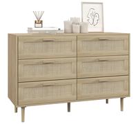 HOMCOM Commode 6 tiroirs meuble de rangement avec tissage en rotin dim. 110L x 40l x 75H cm Aspect Bois Clair Kaki