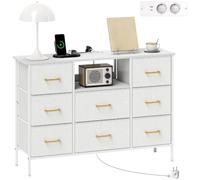 HOMCOM Commode 8 Tiroirs en Tissu Bouclette avec Prises de Courant Crème | Meuble de Rangement, Port USB et TYPE-C, Design Moderne, Structure en Acier, Chiffonnier pour Salon Chambre Entrée