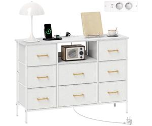 HOMCOM Commode 8 Tiroirs en Tissu Bouclette avec Prises de Courant Crème | Meuble de Rangement, Port USB et TYPE-C, Design Moderne, Structure en Acier, Chiffonnier pour Salon Chambre Entrée