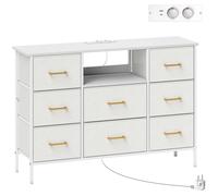 HOMCOM Commode 8 tiroirs en tissu bouclette, meuble de rangement avec 2 prises de courant, structure en acier 110x30x76cm crème