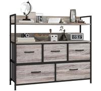 HOMCOM Commode avec 5 tiroirs en tissu pliables, commode chambre, meuble de rangement avec étagères ouvertes, plateau et cadre en acier, style industriel, pour chambre, salon, couloir, effet bois gris
