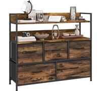HOMCOM Commode avec 5 tiroirs en tissu pliables, commode chambre, meuble de rangement avec étagères ouvertes, plateau et cadre en acier, style industriel, pour chambre, salon, couloir, brun rustique