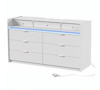 HOMCOM Commode avec Luminaires LED, Station de Charge et 9 Tiroirs Commode pour Chambre pour Salon Dressing 148,7x45x82 cm Blanc
