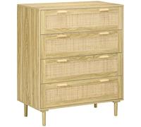 HOMCOM Commode Chambre 4 tiroirs, Meuble de Rangement Style bohème avec façade Tissage en résine tressée, 90 x 45 x 108,5 cm, chêne