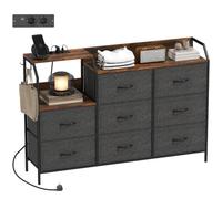 HOMCOM Commode Chambre, 8 Tiroirs Tissu, Station Recharge, Marron Rustique | Meuble de Rangement, Étagère Ouverte, Crochets, Cadre Acier, Chambre, Salon, Couloir