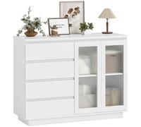 HOMCOM Commode Chambre Meuble de Rangement 4 Tiroirs 120 x 40 x 91 cm Blanc | 2 Portes en Verre Trempé, Étagère Réglable, Armoire Salon, Buffet Cuisine et Salle à Manger