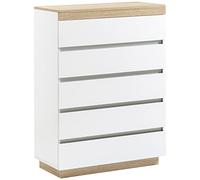 HOMCOM Commode en Bois à 5 tiroirs, Commode de Chambre à Coucher avec Dispositif Anti-basculement, 80x40x109 cm, Blanc et chêne