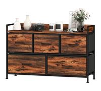 HOMCOM Commode, meuble de rangement avec 5 tiroirs en tissu pliables, plateau et cadre en acier, 98 x 29 x 63 cm, brun rustique