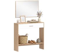 HOMCOM Console Meuble + Miroir avec tiroir 91,5 x 27,9 x 85,5 cm chêne | Table Console Étroite, Avec Étagère, Style Moderne, Table d'Entrée, Couloir, Salon, Petits Espaces