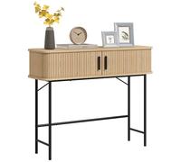 HOMCOM Console Meuble, Table Console, Table d'entrée avec Portes coulissantes à Lattes et Pieds en Acier, Bout de canapé pour Salon, chêne et Noir
