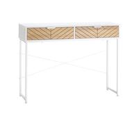 Table console industriel 2 tiroirs aspect bois de chêne sculpté motif à chevrons piètement métal blanc