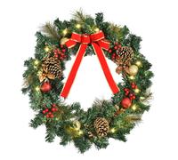 HOMCOM Couronne de Noël artificielle lumineuse avec 20 LED de 60 cm - décorée de houx et de pommes de pin