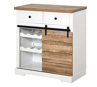 HOMCOM Crédence avec 2 tiroirs, Rustique, 80x39x86 cm, Blanc et Bois | Étagères ouvertes, porte-bouteilles, crédence de cuisine, bois et métal