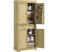 HOMCOM Crédence de cuisine de style bohème avec 2 armoires, un tiroir et un espace pour épices, en bois et en rotin, dimensions 76x40x183 cm, finition chêne