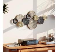 HOMCOM Décoration Murale en Métal Moderne Suspendu 100 x 50 cm Kaki et Noir | Sculpture Murale en Métal, Design Unique à Plusieurs Disques, pour Salon Chambre à Coucher Bureau