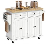 HOMCOM Dessert ilôt de cuisine multi rangements 2 tiroirs 2 placard 2 portes avec étagère range-bouteille porte-torchons MDF blanc hévéa