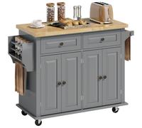 HOMCOM Dessert ilôt de cuisine multi rangements 2 tiroirs 2 placard 2 portes avec étagère range-bouteille porte-torchons MDF gris hévéa