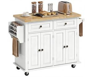HOMCOM Dessert ilôt de cuisine multi rangements 2 tiroirs 2 placard 2 portes avec étagère range-bouteille porte-torchons MDF blanc hévéa