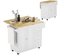 HOMCOM Dessert îlot de cuisineplateau rabattable 3 tiroirs 1 placard porte-torchons et porte-épices 111,5 x 45-75 x 89 cm blanc