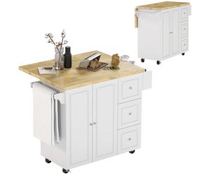 HOMCOM Dessert îlot de cuisineplateau rabattable 3 tiroirs 1 placard porte-torchons et porte-épices 111,5 x 45-75 x 89 cm blanc