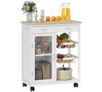 Desserte de cuisine - HOMCOM - sur roulettes - plateau en bambou, porte vitrée, 2 paniers et 2 tiroirs - MDF - 67x35x80cm - blanc