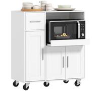 HOMCOM Desserte cuisine à roulettes, meuble micro onde, plateau coulissant, tiroir, placards 3 portes, étagère réglable, compartiment ouvert, îlot central cuisine, salle à manger, 80x40x88,7cm, blanc