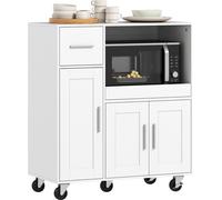 HOMCOM Desserte cuisine à roulettes, meuble micro onde, plateau coulissant, tiroir, placards 3 portes, étagère réglable, compartiment ouvert, îlot central cuisine, salle à manger, 80x40x88,7cm, blanc