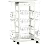 HOMCOM Desserte cuisine chariot à roulettes multi-rangements 4 paniers métal tiroir + 4 range-bouteilles bois pin plateau carrelé blanc