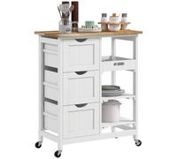 HOMCOM Desserte de Cuisine à roulettes 3 Tiroirs 67x37x85,5cm Blanc | Plan de Travail en Bois d'Hévéa, Plateau Amovible, 2 Étagères à Lattes, Chariot de Cuisine et Salle à Manger