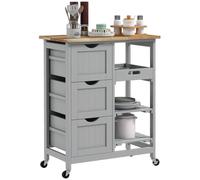 HOMCOM Desserte de Cuisine à roulettes 3 Tiroirs 67x37x85,5cm Gris | Plan de Travail en Bois d'Hévéa, Plateau Amovible, 2 Étagères à Lattes, Chariot de Cuisine et Salle à Manger