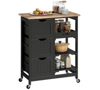 HOMCOM Desserte de Cuisine à roulettes 3 Tiroirs 67x37x85,5cm Noir | Plan de Travail en Bois d'Hévéa, Plateau Amovible, 2 Étagères à Lattes, Chariot de Cuisine et Salle à Manger