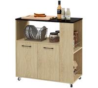 HomCom Desserte de cuisine îlot central à roulettes 2 portes porte-épices Bois naturel
