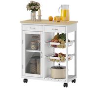 HOMCOM Desserte de cuisine à roulettes, îlot central cuisine avec plateau en bambou, porte vitrée, 67 x 35 x 80 cm, blanc