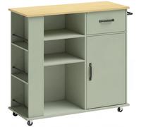 HOMCOM Desserte de cuisine à roulettes, îlot central cuisine avec tiroir, porte, compartiments ouverts et porte-épices, vert