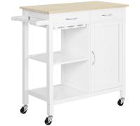 HOMCOM Desserte de cuisine à roulettes multi-rangements plateau en bois de pin avec 2 tiroir porte-serviettes porte-verres à vin blanc