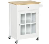 HOMCOM Desserte de Cuisine à roulettes Placard Blanc Aspect Chêne Clair | Multi-Rangement, Porte Vitrée Avec Étagère Réglable, Tiroir, Porte-Torchon