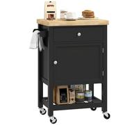 HOMCOM Desserte de Cuisine à roulettes, Tiroir, 63,5 x 40 x 90 cm, Noir | Chariot de Service, Plan de Travail en Bois d'Hévéa, Placard, Porte-Serviettes, Chariot de Cuisine et Salle à Manger