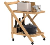 HOMCOM Desserte de Cuisine en Bambou Pliable 66 x 40 x 70 cm Bois Naturel | Chariot de Service, 2 Plateaux, 4 Roues, 3 Casiers à Vin