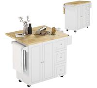 Desserte de cuisine - HOMCOM - îlot central plateau hévéa 3 tiroirs 1 placard porte-torchons - bois - 111,5x45-75x89cm - blanc