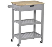 HOMCOM Desserte de Service Chariot de Cuisine à roulettes Plan de Travail | en Bois Hévéa, 2 Étagères, 1 Tiroir, 1 Porte-Torchon