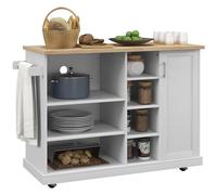 Desserte îlot de cuisine - HOMCOM - roulettes 7 compartiments ouverts 1 placard rangement - bois - 129x51x93cm - blanc