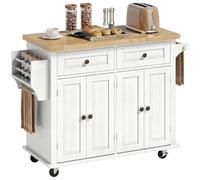 HOMCOM Dessert ilôt de cuisine multi rangements 2 tiroirs 2 placard 2 portes avec étagère range-bouteille porte-torchons MDF blanc hévéa