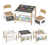 HomCom Ensemble table et 2 chaises enfant – plateau réversible tableau noir, rangement bois naturel
