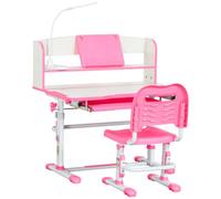 HOMCOM Ensemble Bureau Enfant 6-12 Ans, Acier & MDF, Rose | Bureau d'école réglable en hauteur, plateau inclinable 45°, lampe, tiroir, étagère, porte-stylo, pupitre