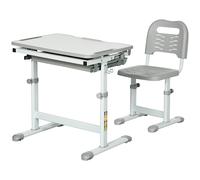 HOMCOM Ensemble bureau enfant avec chaise en acier hauteur réglable, tablette coulissante, bureau inclinable 45° - gris blanc
